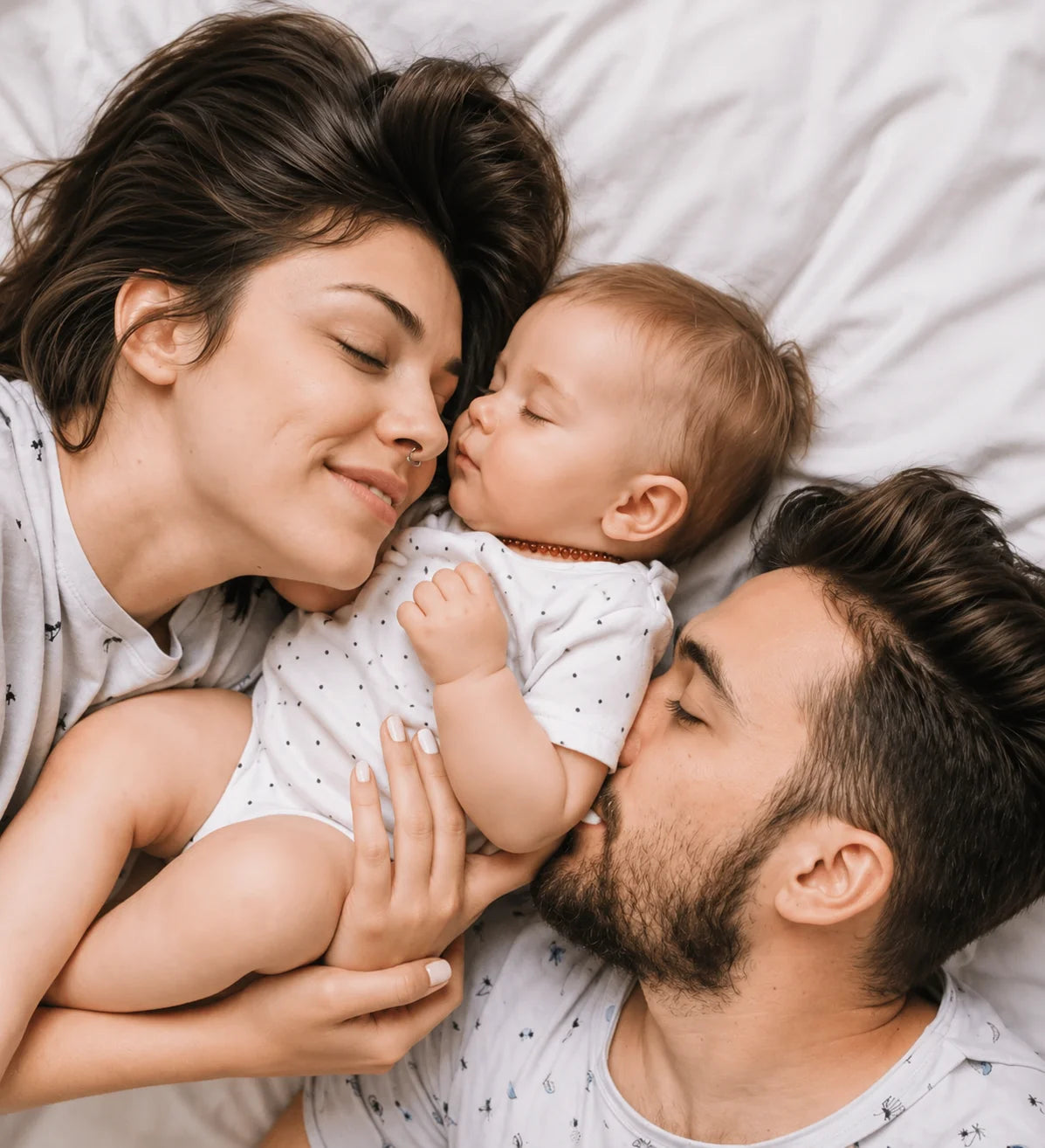 Mother, father and baby asleep together in bed, seen from above, showing the quiet nights Snorbliss is designed for
