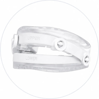 Snorbliss anti-snoring mouthpiece seen from above with the upper and lower trays labeled and side adjustment dials