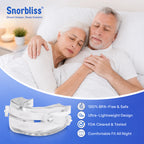 Couple sleeping peacefully beside the BPA-free, lightweight Snorbliss anti-snoring mouthpiece