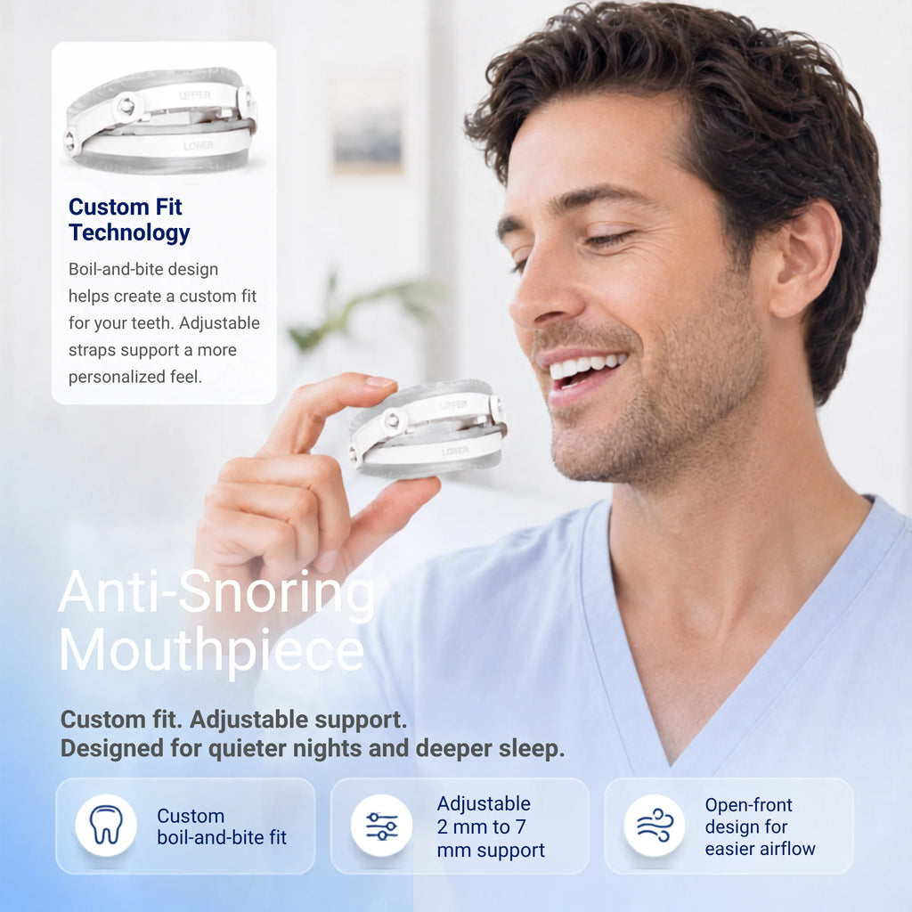 Man holding the Snorbliss anti-snoring mouthpiece, showing its slim custom-fit design.