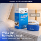 Snorbliss anti-snoring mouthpiece and box on a bedroom nightstand beside a lamp