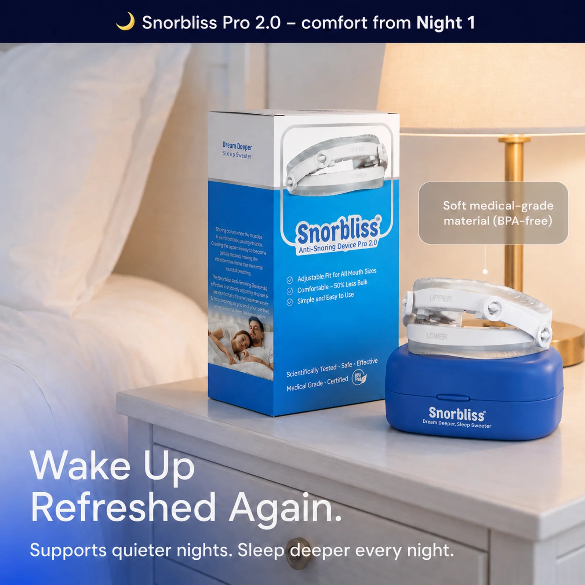 Snorbliss anti-snoring mouthpiece and box on a bedroom nightstand beside a lamp