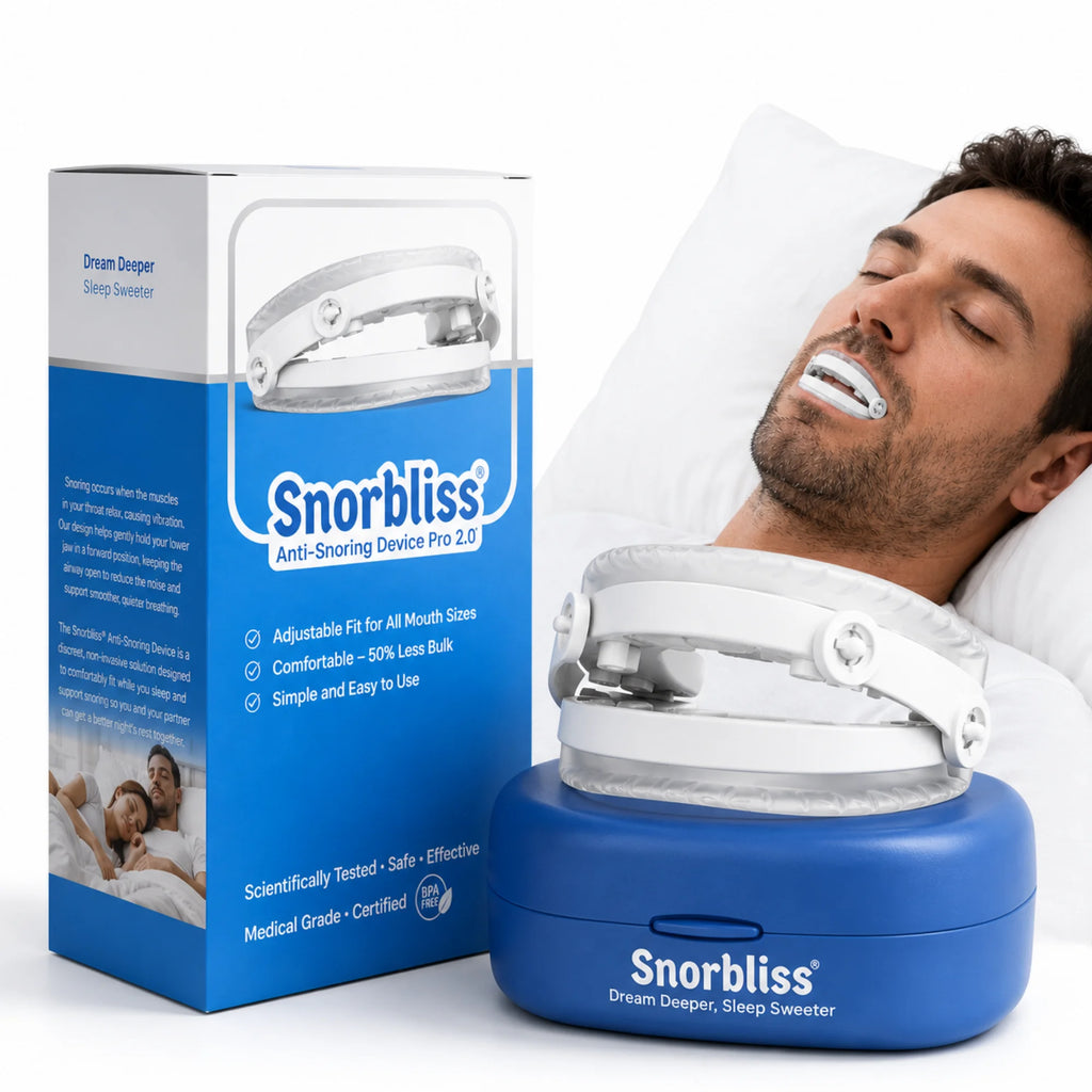 Man sleeping while wearing the Snorbliss anti-snoring mouthpiece, shown with box and storage case