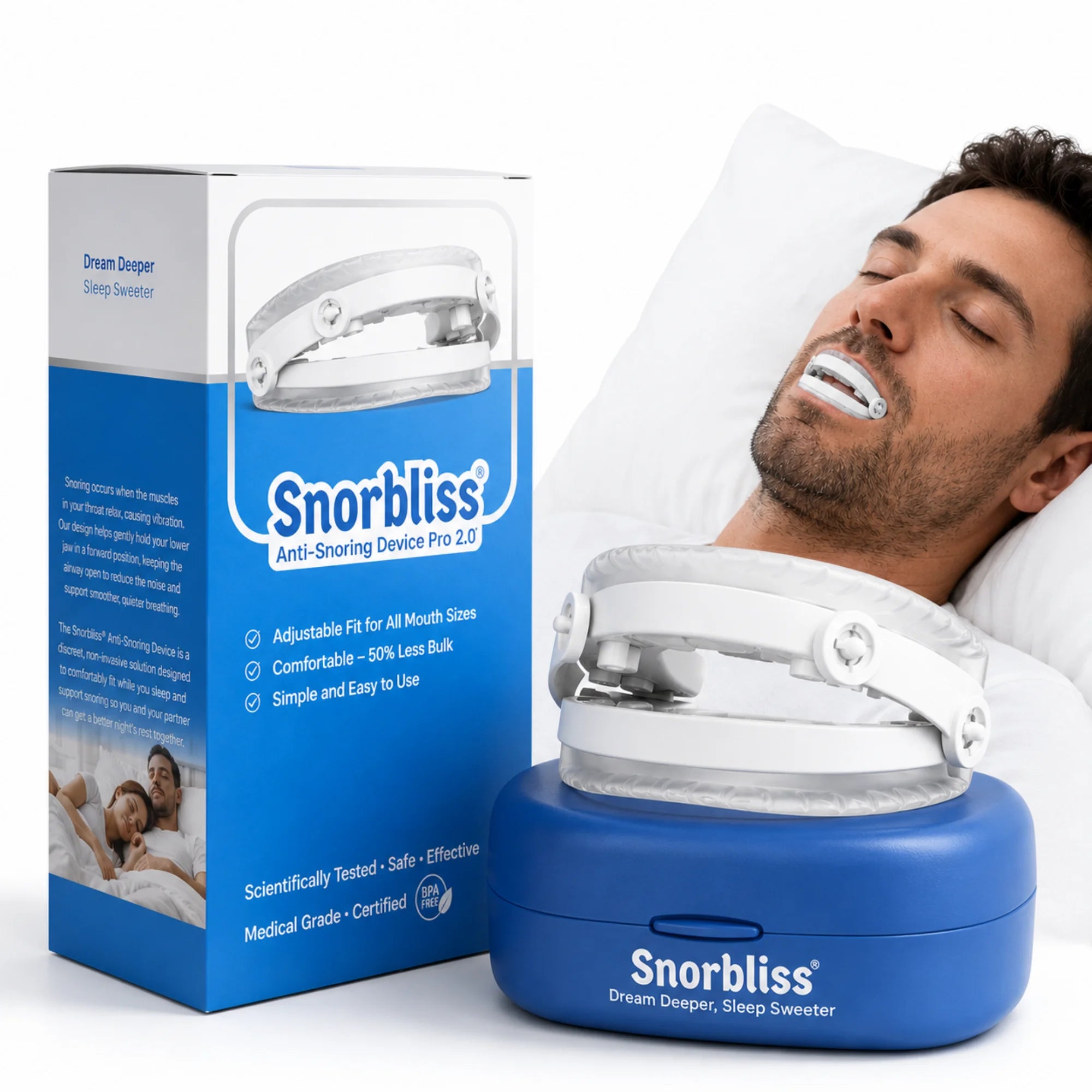 Man sleeping while wearing the Snorbliss anti-snoring mouthpiece, shown with box and storage case