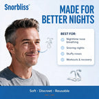 Man wearing the Snorbliss nasal dilator, listed as best for nighttime nose breathing, snoring nights, stuffy noses, and workouts