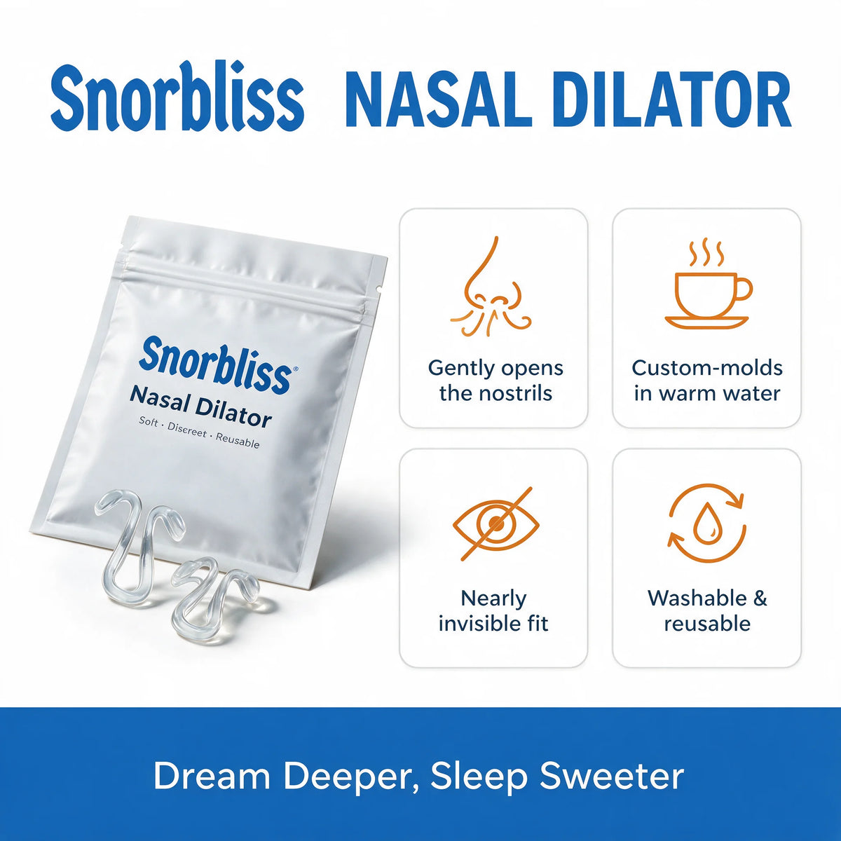 Snorbliss Nasal Dilator features: gently opens the nostrils, custom-molds in warm water, nearly invisible fit, washable and reusable