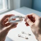 Hands attaching a numbered replacement strap to the Snorbliss anti-snoring mouthpiece, with spare straps on the table