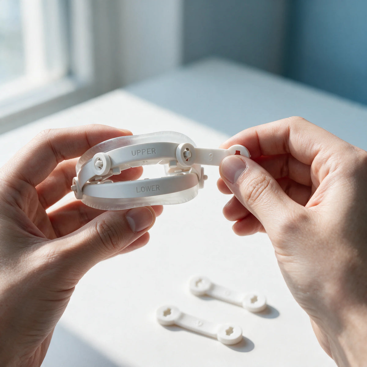 Hands attaching a numbered replacement strap to the Snorbliss anti-snoring mouthpiece, with spare straps on the table