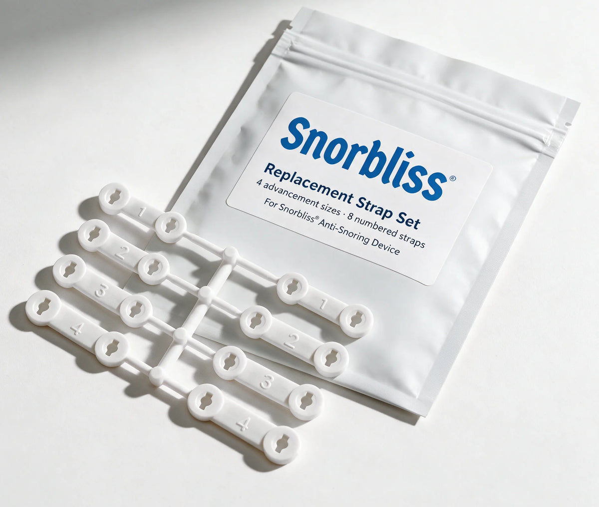 Snorbliss Replacement Strap Set pouch with eight numbered straps in four advancement sizes