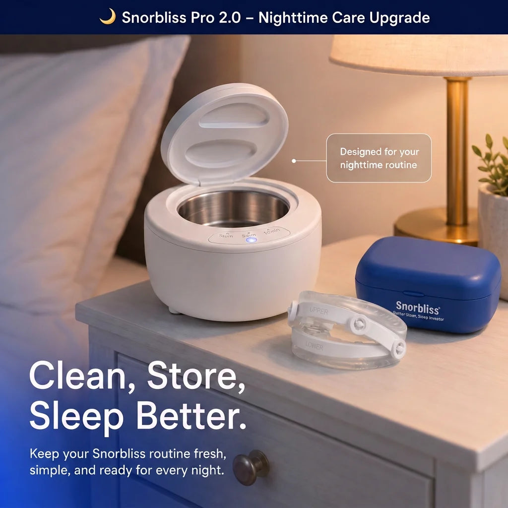 Snorbliss ultrasonic cleaner open on a nightstand beside the blue storage case and the anti-snoring mouthpiece