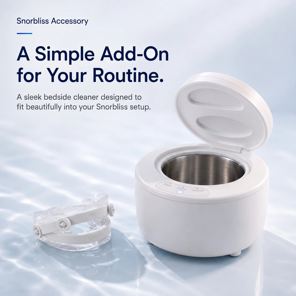 Snorbliss ultrasonic cleaner with 3, 5 and 10 minute cycle settings, shown beside the anti-snoring mouthpiece