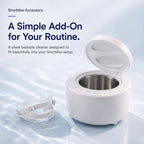 Snorbliss ultrasonic cleaner with 3, 5 and 10 minute cycle settings, shown beside the anti-snoring mouthpiece