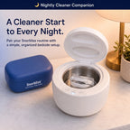 Snorbliss anti-snoring mouthpiece sitting inside the open ultrasonic cleaner, with the blue storage case alongside
